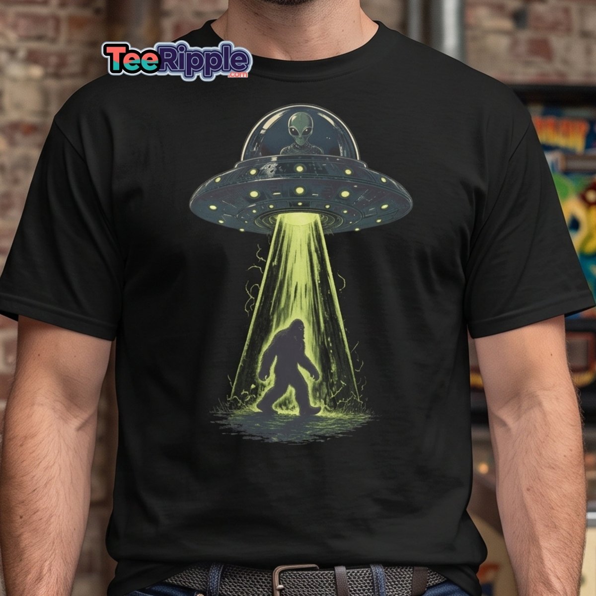 Bigfoot UFO Abduction Graphic T-Shirt - Maroon - TeeRipple