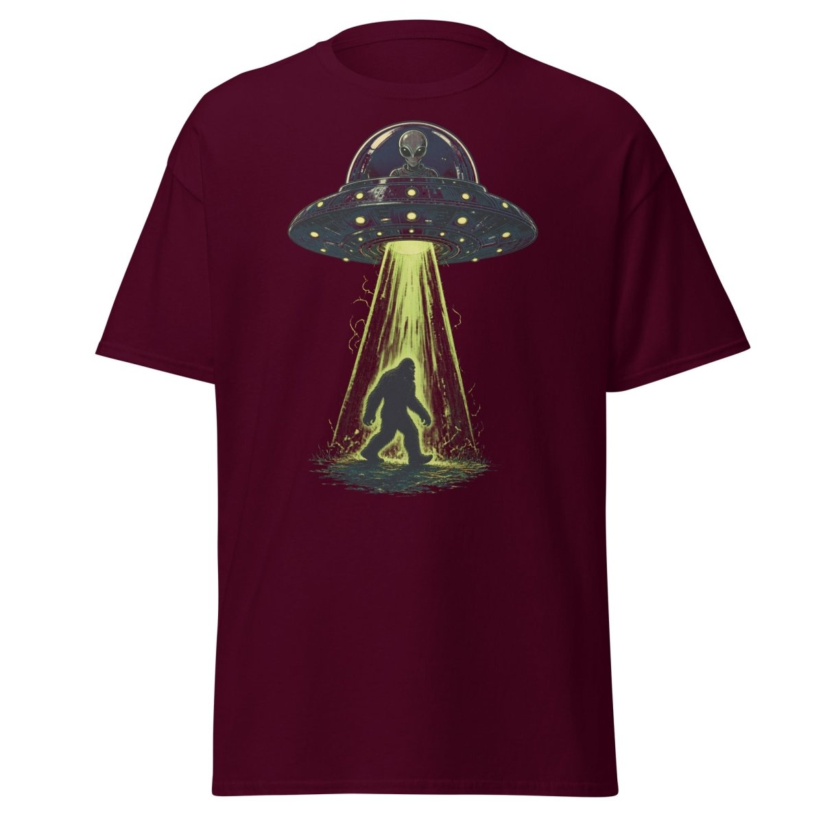 Bigfoot UFO Abduction Graphic T-Shirt - Maroon - TeeRipple