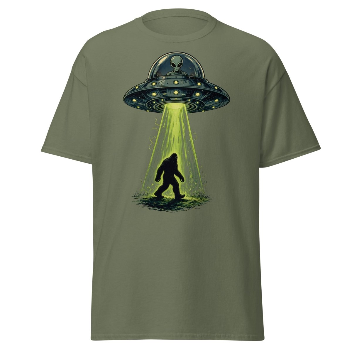 Bigfoot UFO Abduction Graphic T-Shirt - Military Green - TeeRipple