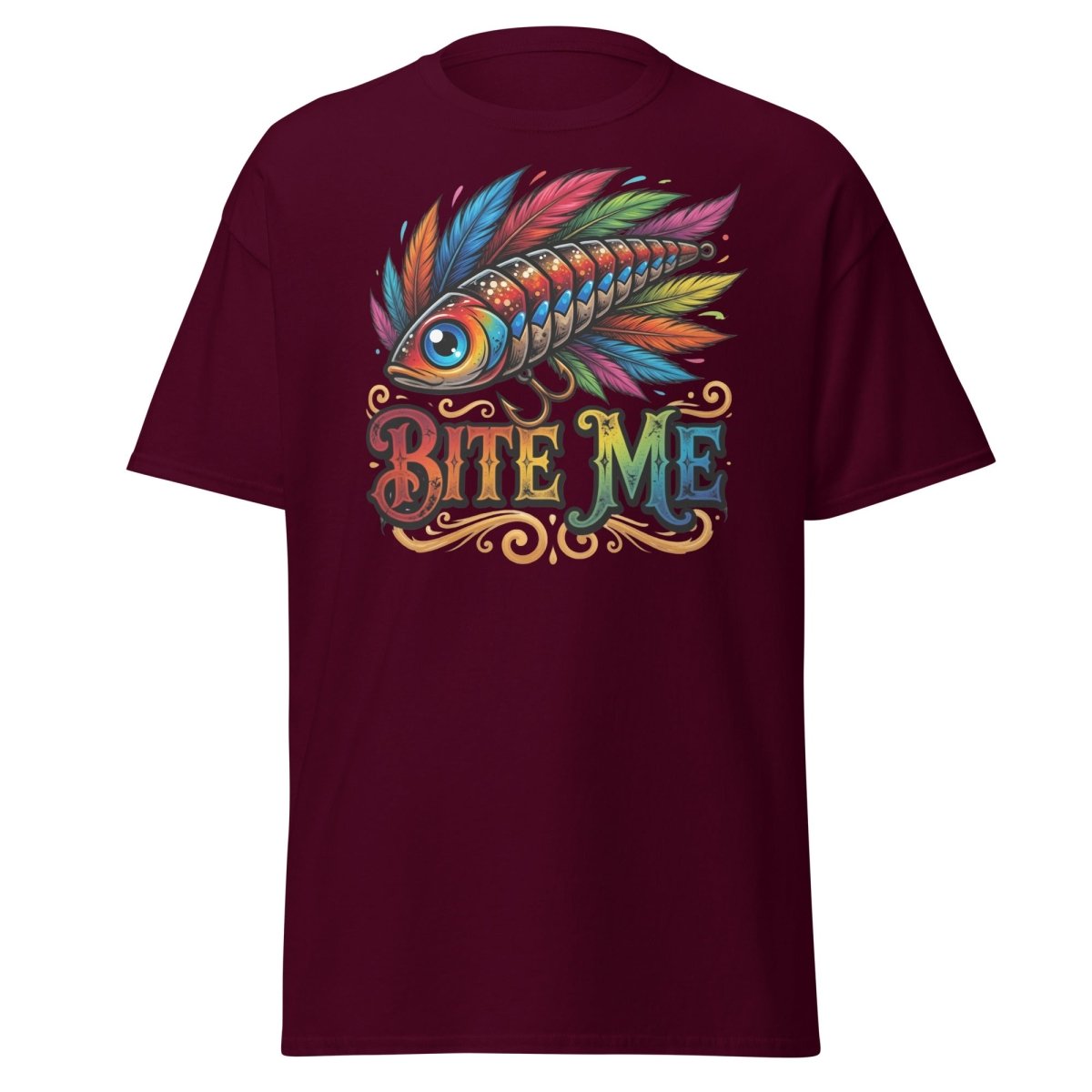 Bite Me Fishing Lure T-Shirt – Funny Angler Humor Tee - Maroon - TeeRipple