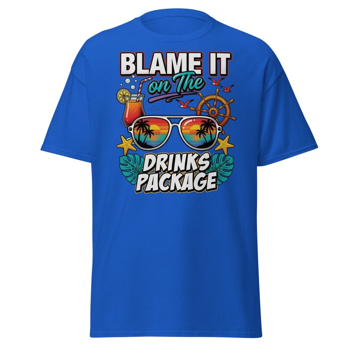 Blame It On The Drinks Package T-Shirt - Funny Vacation Tee - Royal - TeeRipple