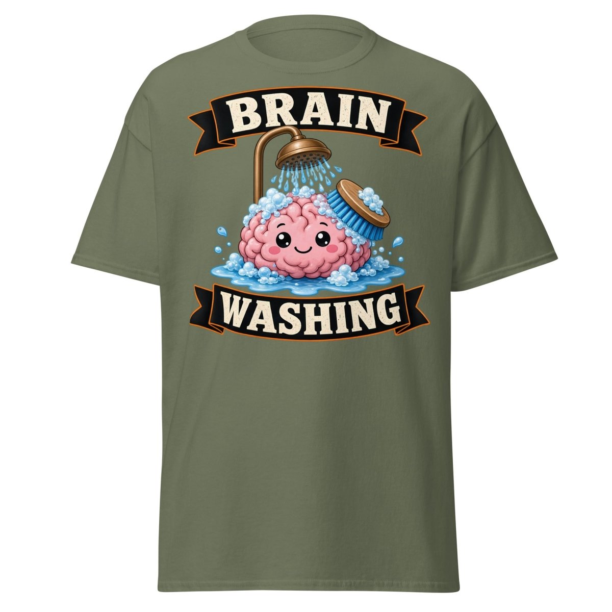 Brain Washing Funny Graphic Tee - Military Green - TeeRipple