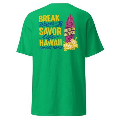 Break Waves Hawaii Surf Graphic T-Shirt - Irish Green - TeeRipple