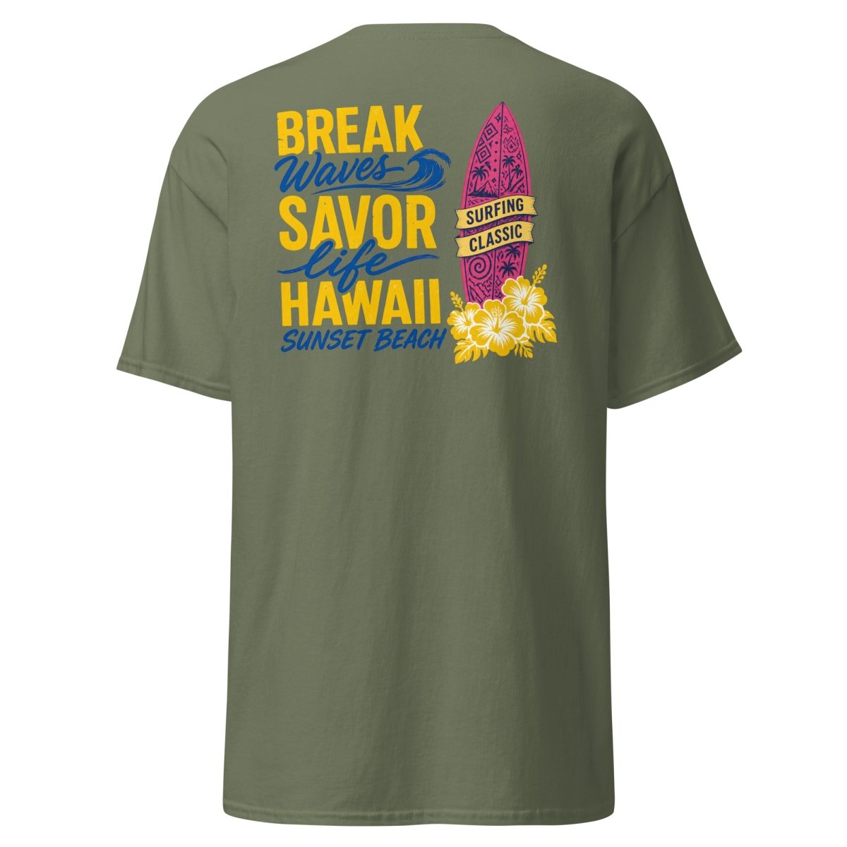 Break Waves Hawaii Surf Graphic T-Shirt - Military Green - TeeRipple