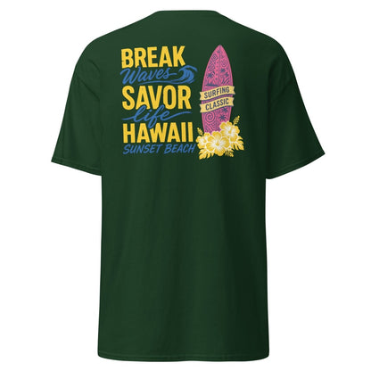 Break Waves Hawaii Surf Graphic T-Shirt - Forest Green - TeeRipple