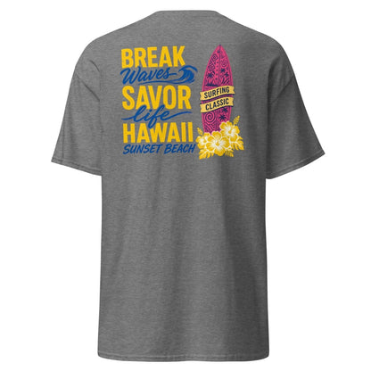 Break Waves Hawaii Surf Graphic T-Shirt - Graphite Heather - TeeRipple