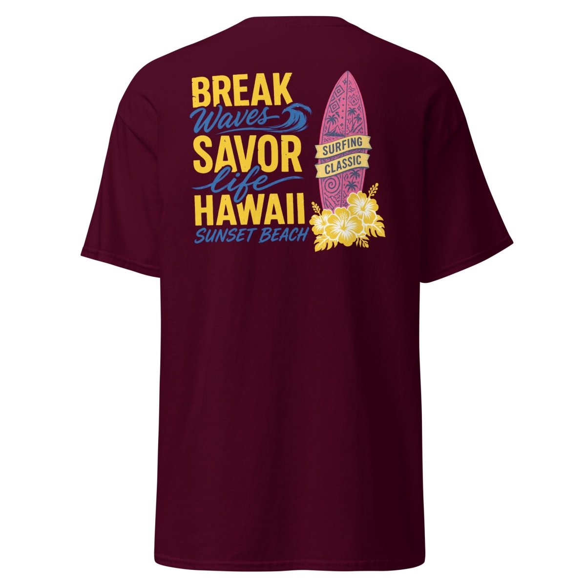 Break Waves Hawaii Surf Graphic T-Shirt - Maroon - TeeRipple