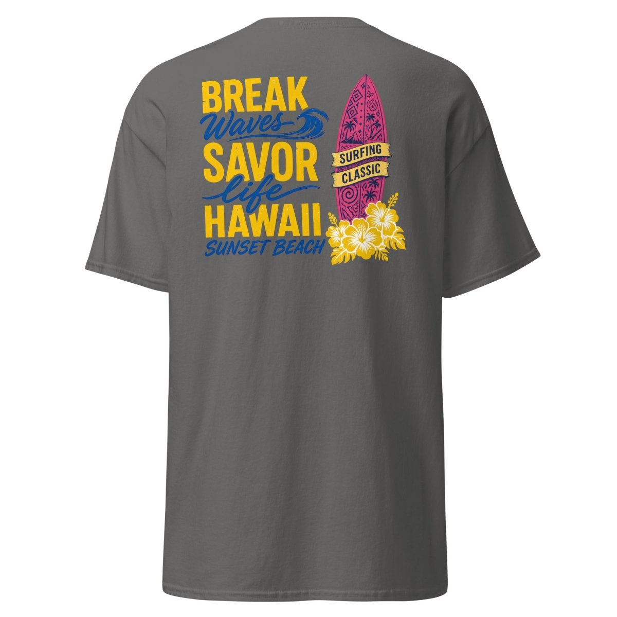 Break Waves Hawaii Surf Graphic T-Shirt - Charcoal - TeeRipple