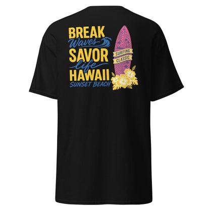 Break Waves Hawaii Surf Graphic T-Shirt - Black - TeeRipple