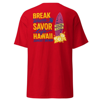 Break Waves Hawaii Surf Graphic T-Shirt - Red - TeeRipple