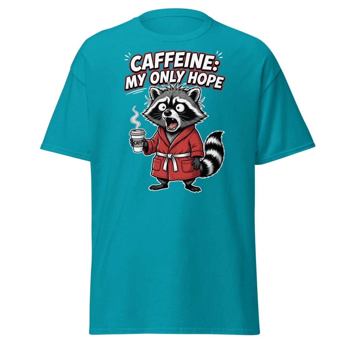 Caffeine My Only Hope Raccoon T-Shirt - Tropical Blue - TeeRipple
