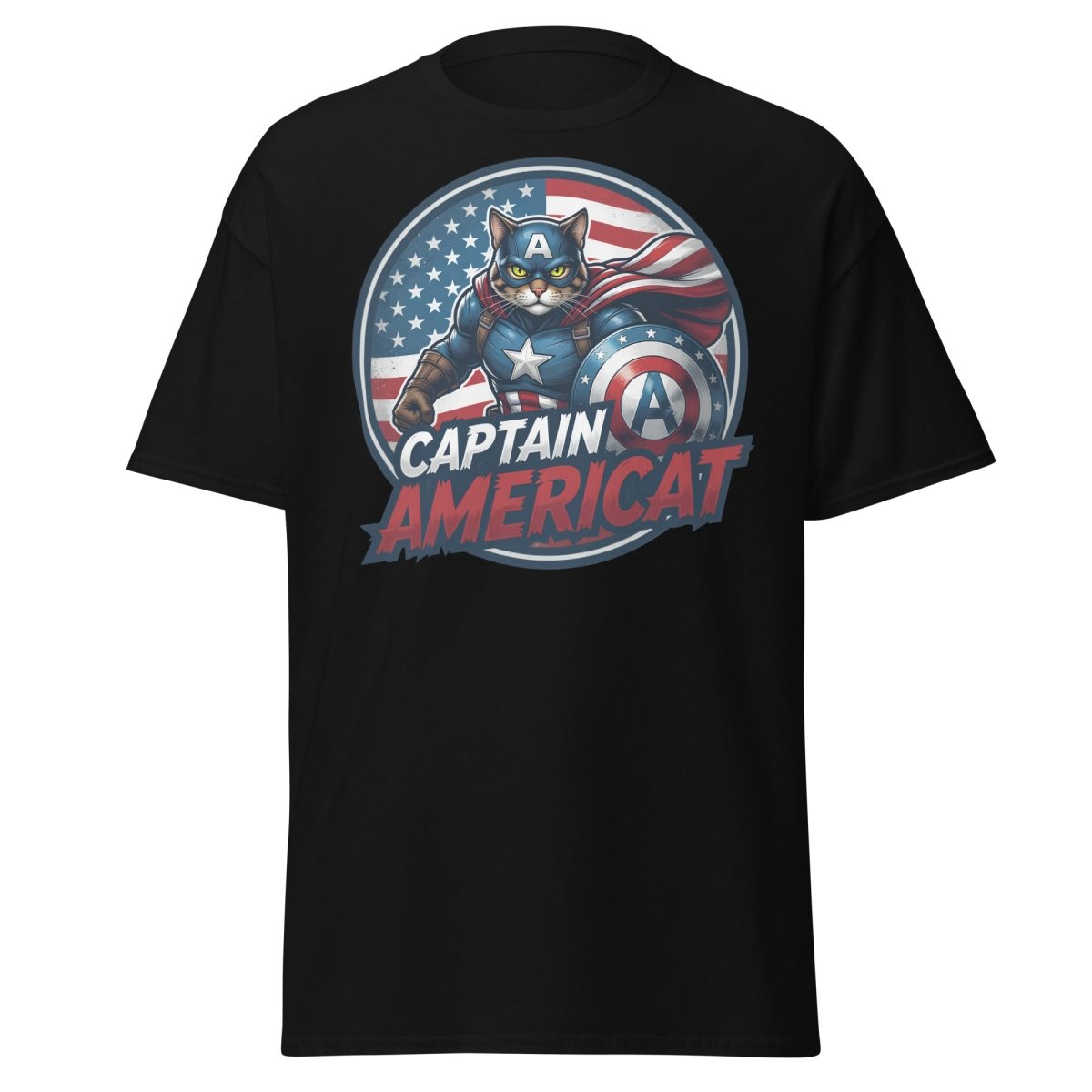 Captain Americat T-Shirt – Funny Superhero Cat Tee - Black - TeeRipple