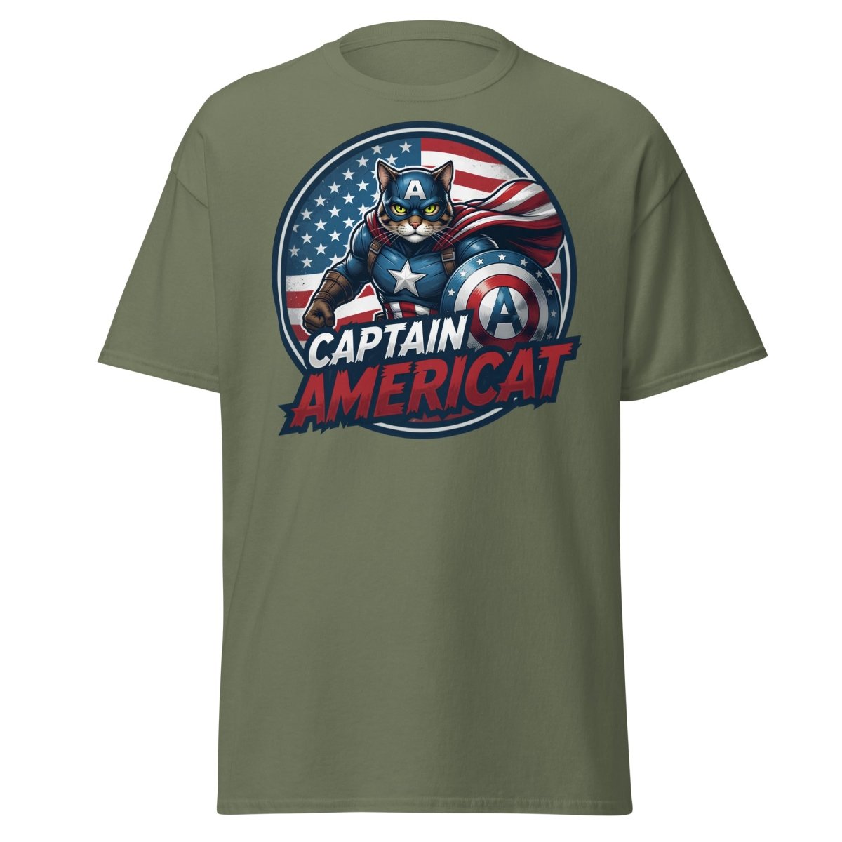 Captain Americat T-Shirt – Funny Superhero Cat Tee - Military Green - TeeRipple