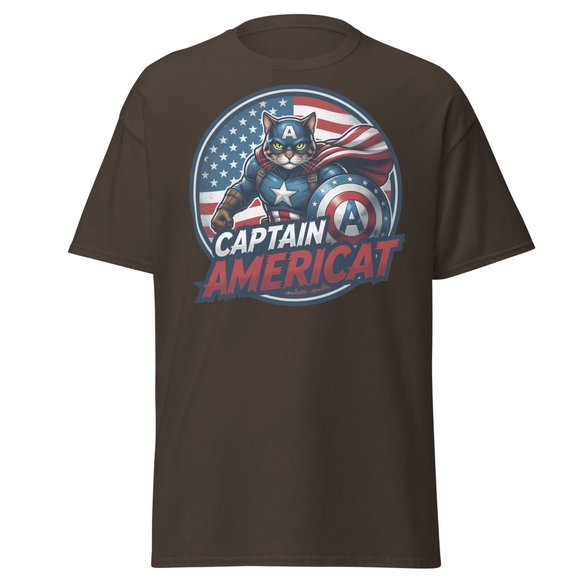 Captain Americat T-Shirt – Funny Superhero Cat Tee - Dark Chocolate - TeeRipple
