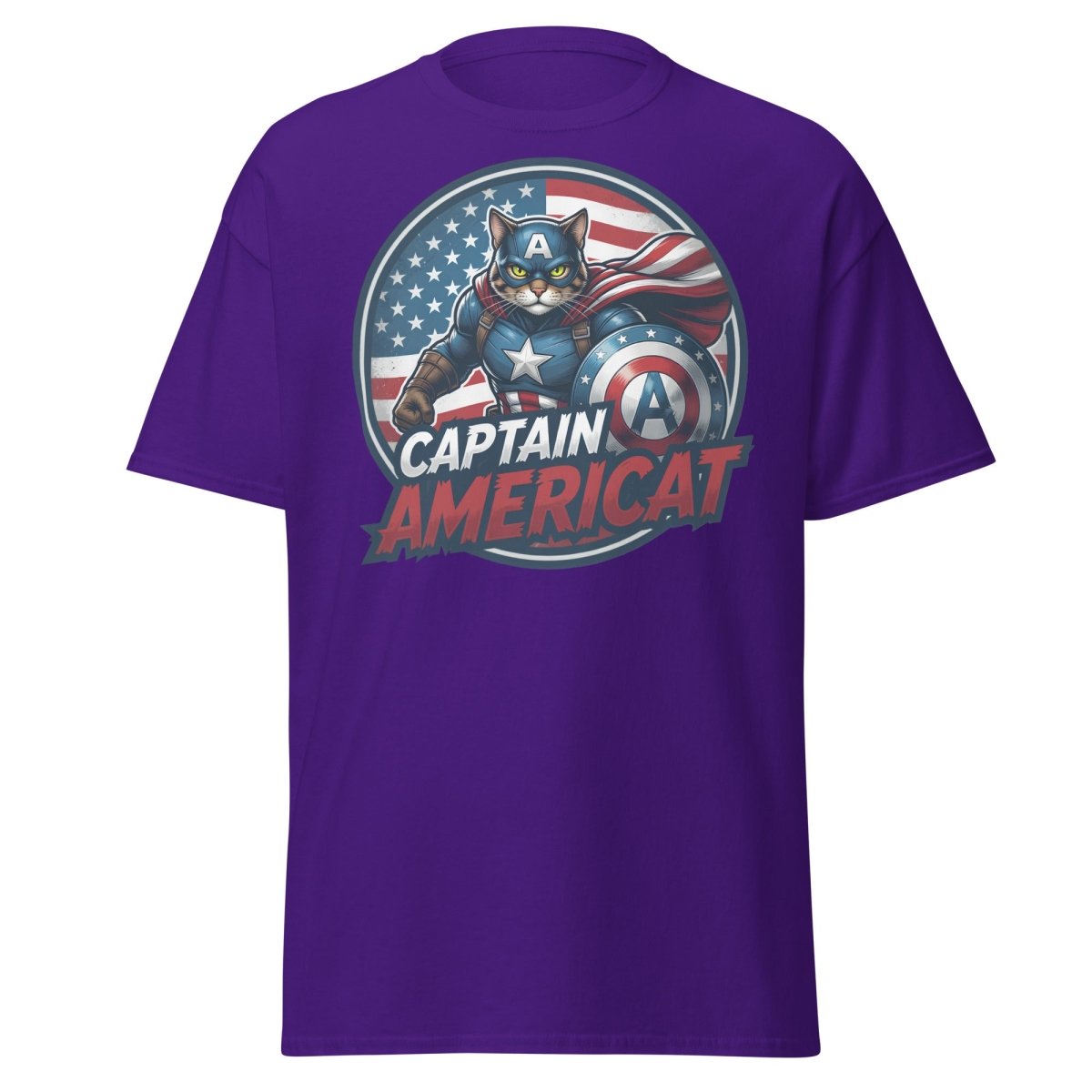 Captain Americat T-Shirt – Funny Superhero Cat Tee - Purple - TeeRipple