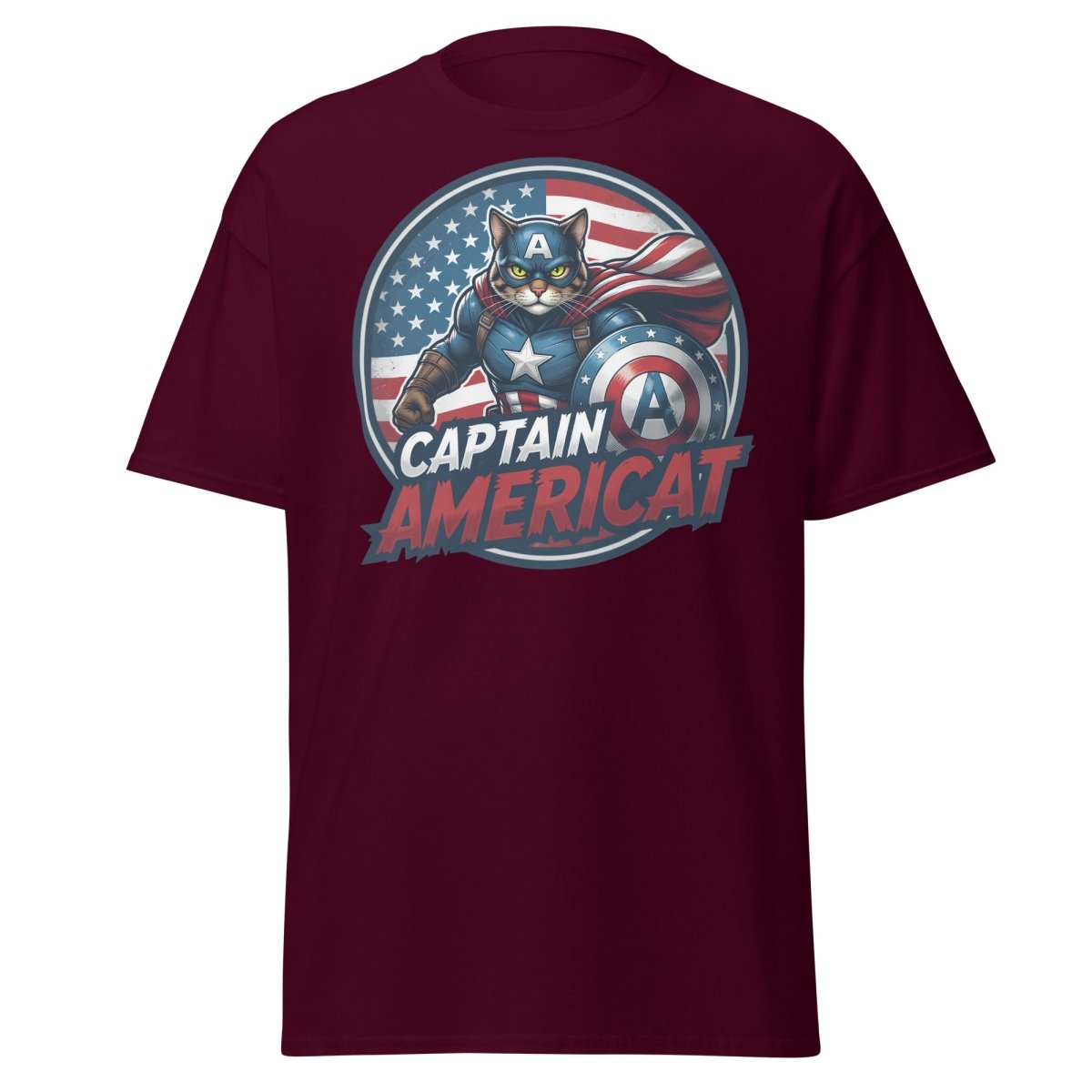 Captain Americat T-Shirt – Funny Superhero Cat Tee - Maroon - TeeRipple