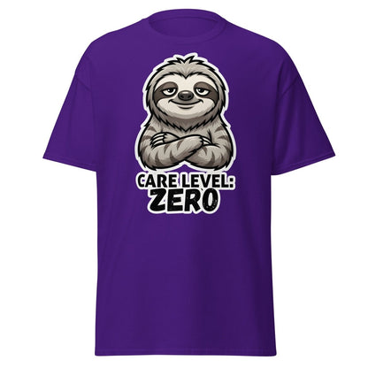 Care Level Zero Sloth – Funny Lazy Cartoon Animal Design - Purple - TeeRipple