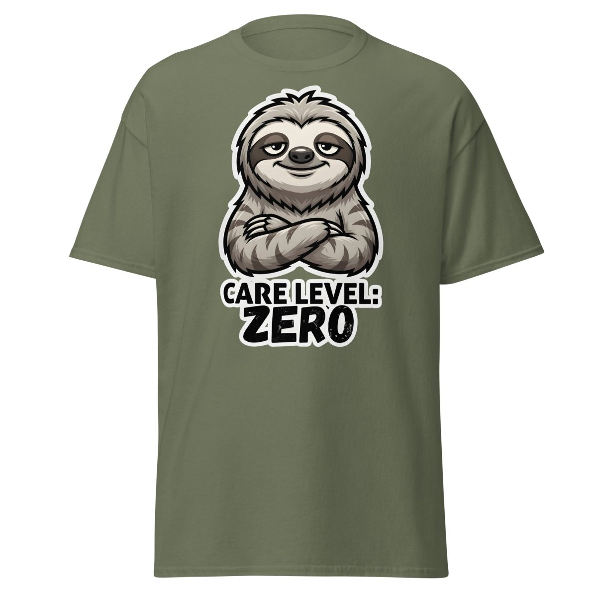 Care Level Zero Sloth – Funny Lazy Cartoon Animal Design - Military Green - TeeRipple