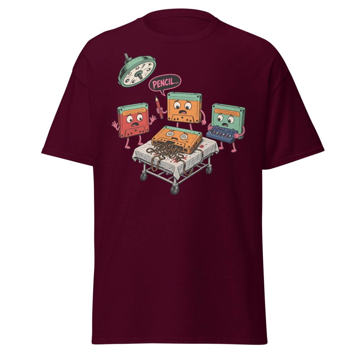 Cassette Pencil Surgery Funny Retro Tee - Maroon - TeeRipple
