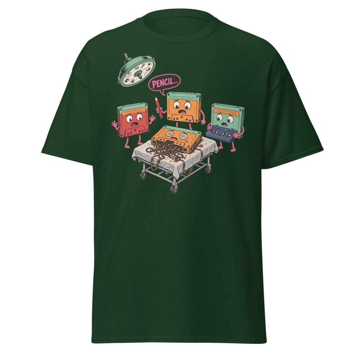 Cassette Pencil Surgery Funny Retro Tee - Forest Green - TeeRipple