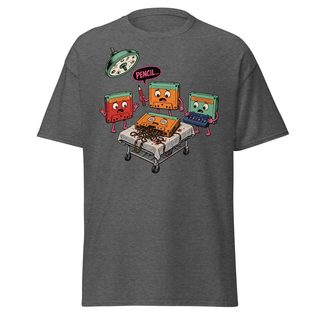 Cassette Pencil Surgery Funny Retro Tee - Dark Heather - TeeRipple