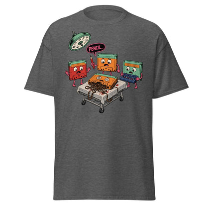 Cassette Pencil Surgery Funny Retro Tee - Dark Heather - TeeRipple