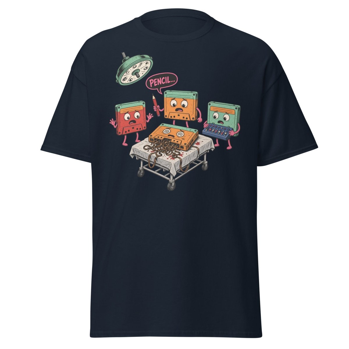 Cassette Pencil Surgery Funny Retro Tee - Navy - TeeRipple