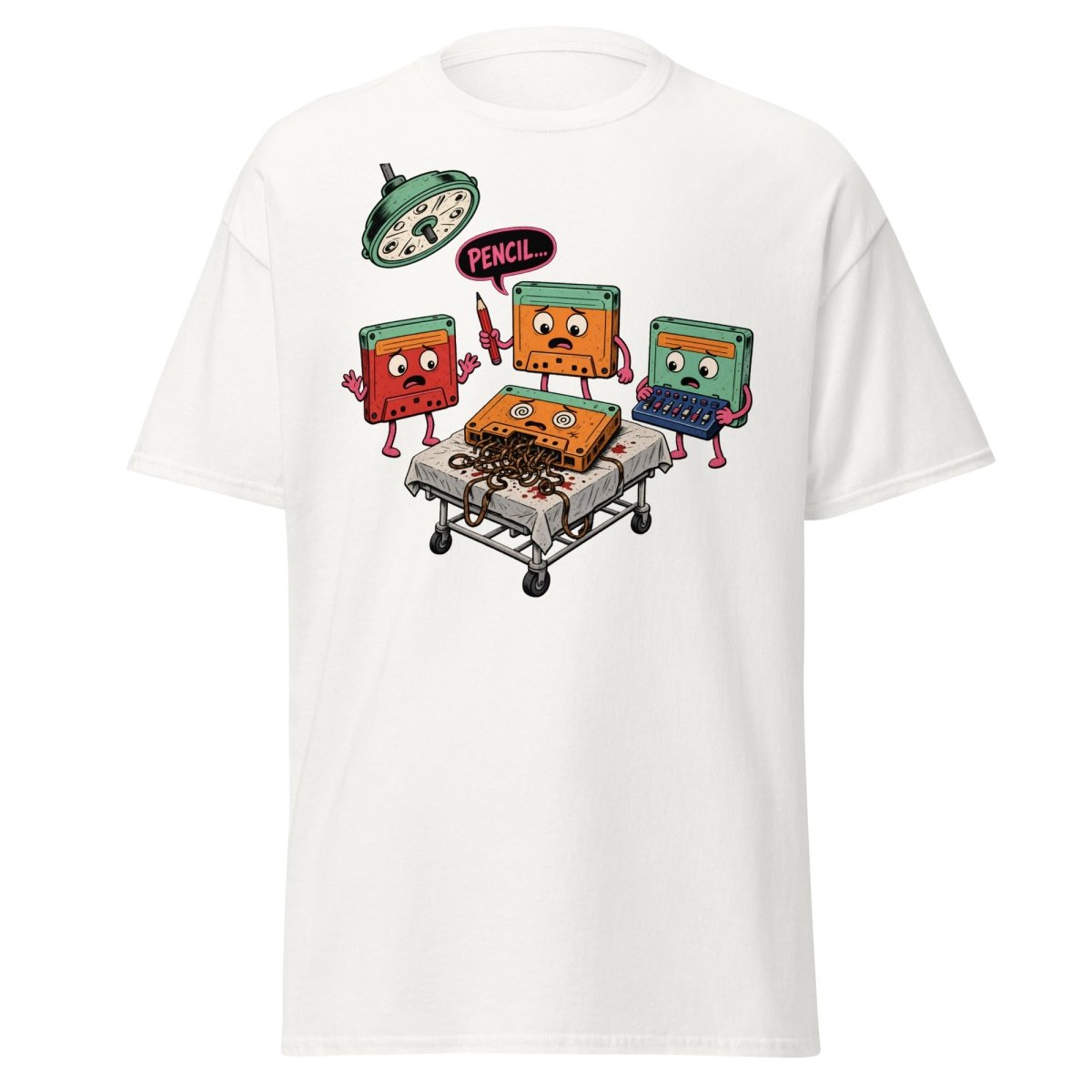 Cassette Pencil Surgery Funny Retro Tee - White - TeeRipple