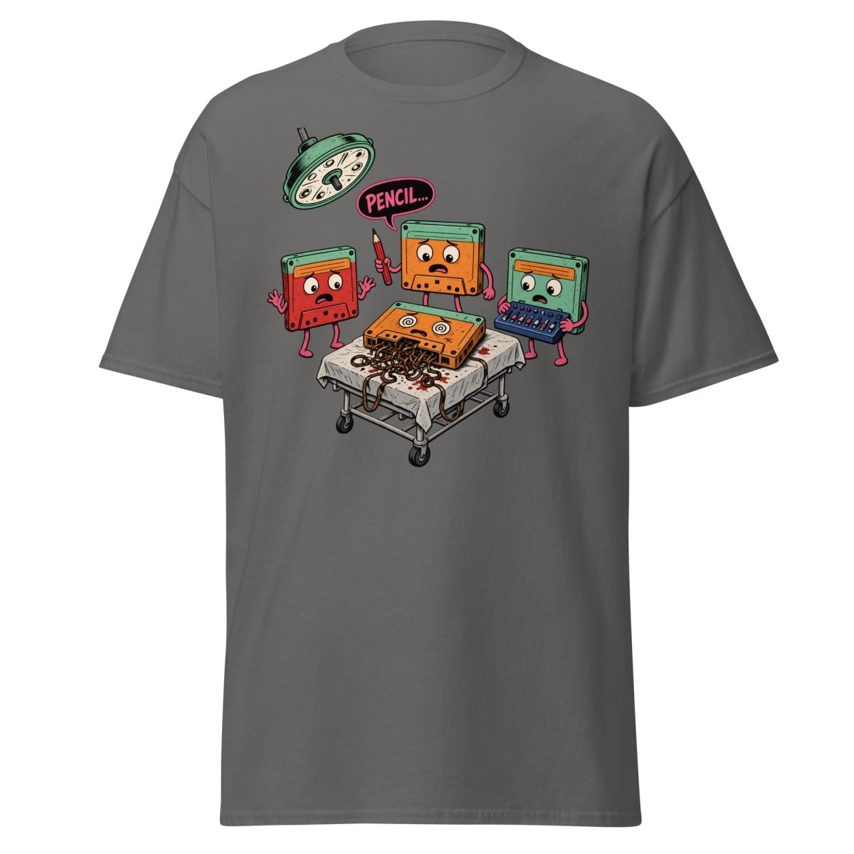 Cassette Pencil Surgery Funny Retro Tee - Charcoal - TeeRipple