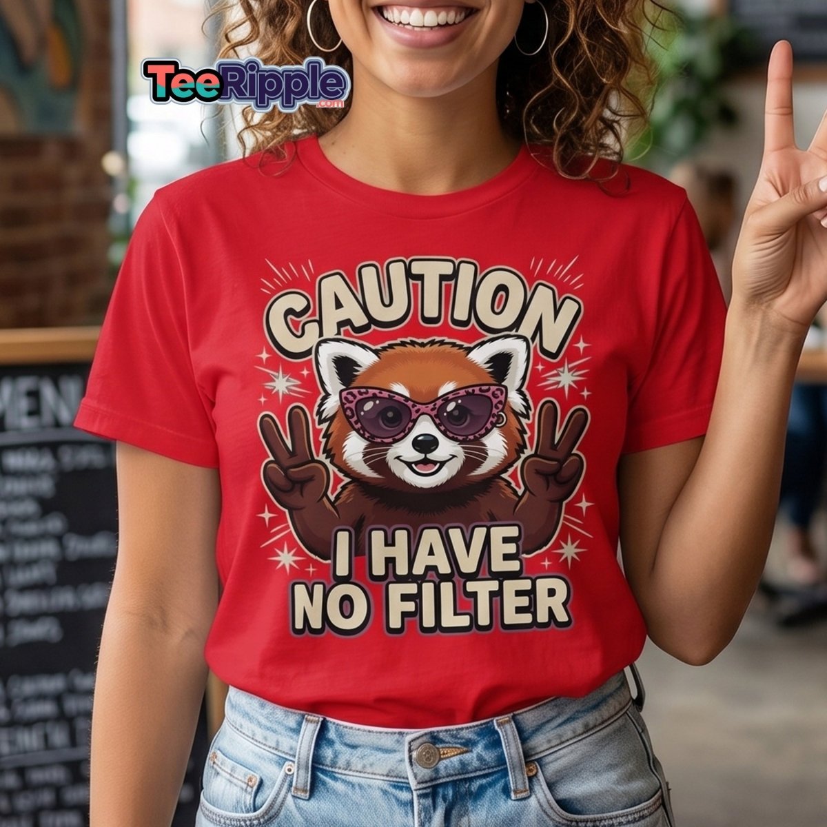 Caution I Have No Filter Red Panda T-Shirt Funny Sunglasses Tee - Maroon - TeeRipple