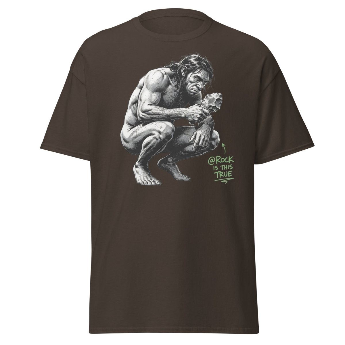 Caveman "@Rock Is This True" Funny Meme T-Shirt - Dark Chocolate - TeeRipple