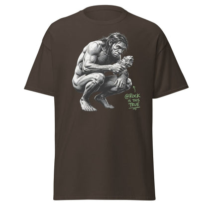 Caveman "@Rock Is This True" Funny Meme T-Shirt - Dark Chocolate - TeeRipple