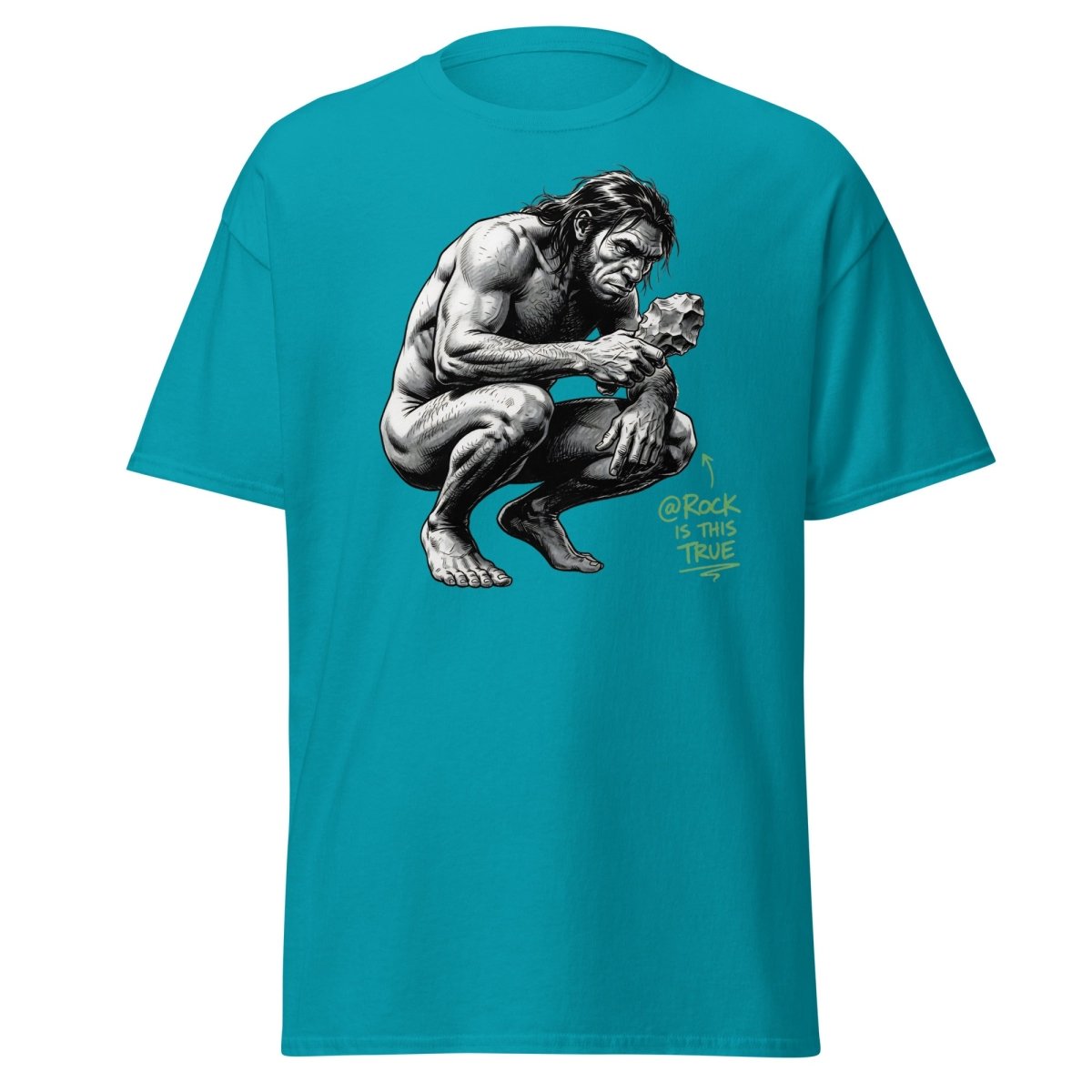 Caveman "@Rock Is This True" Funny Meme T-Shirt - Tropical Blue - TeeRipple