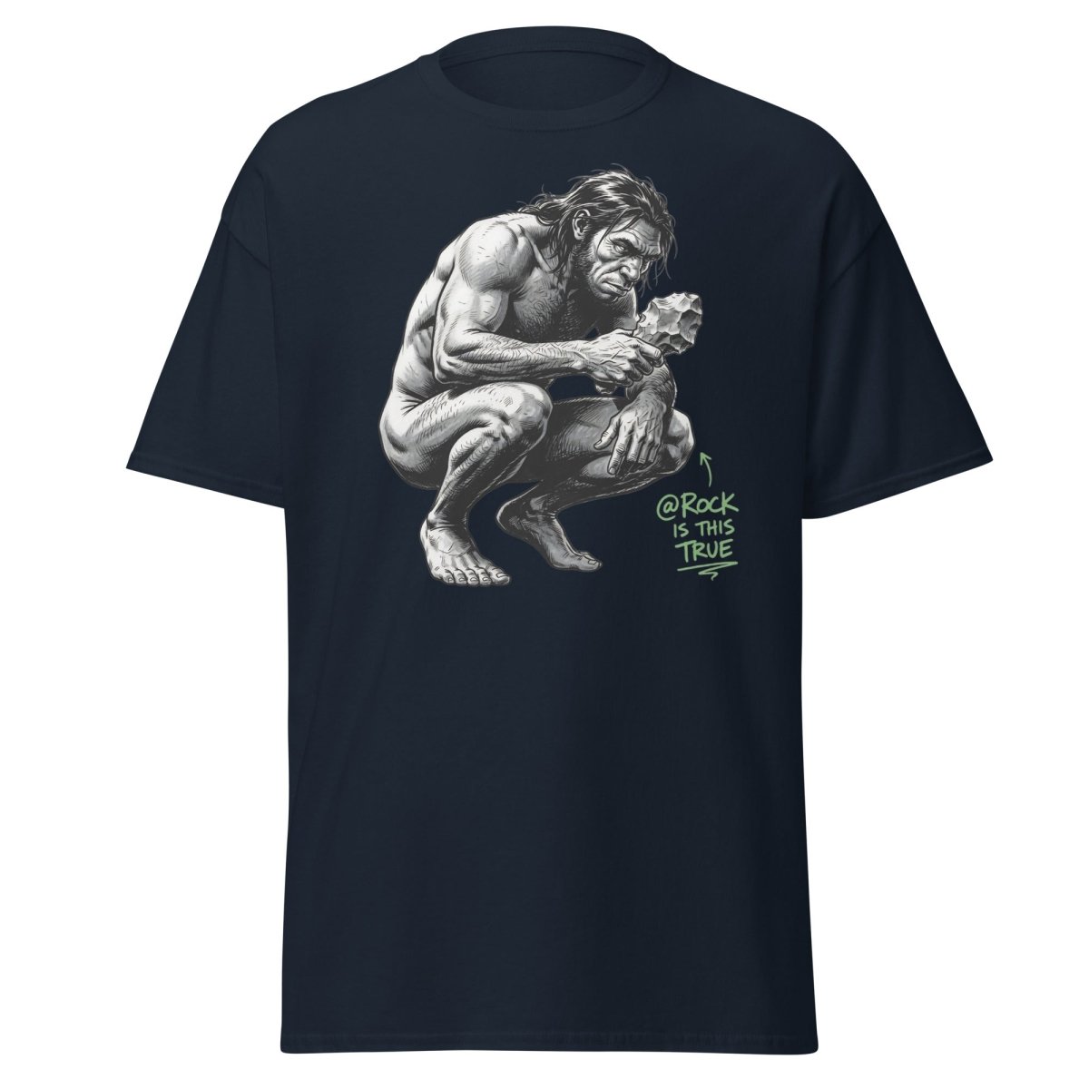 Caveman "@Rock Is This True" Funny Meme T-Shirt - Navy - TeeRipple