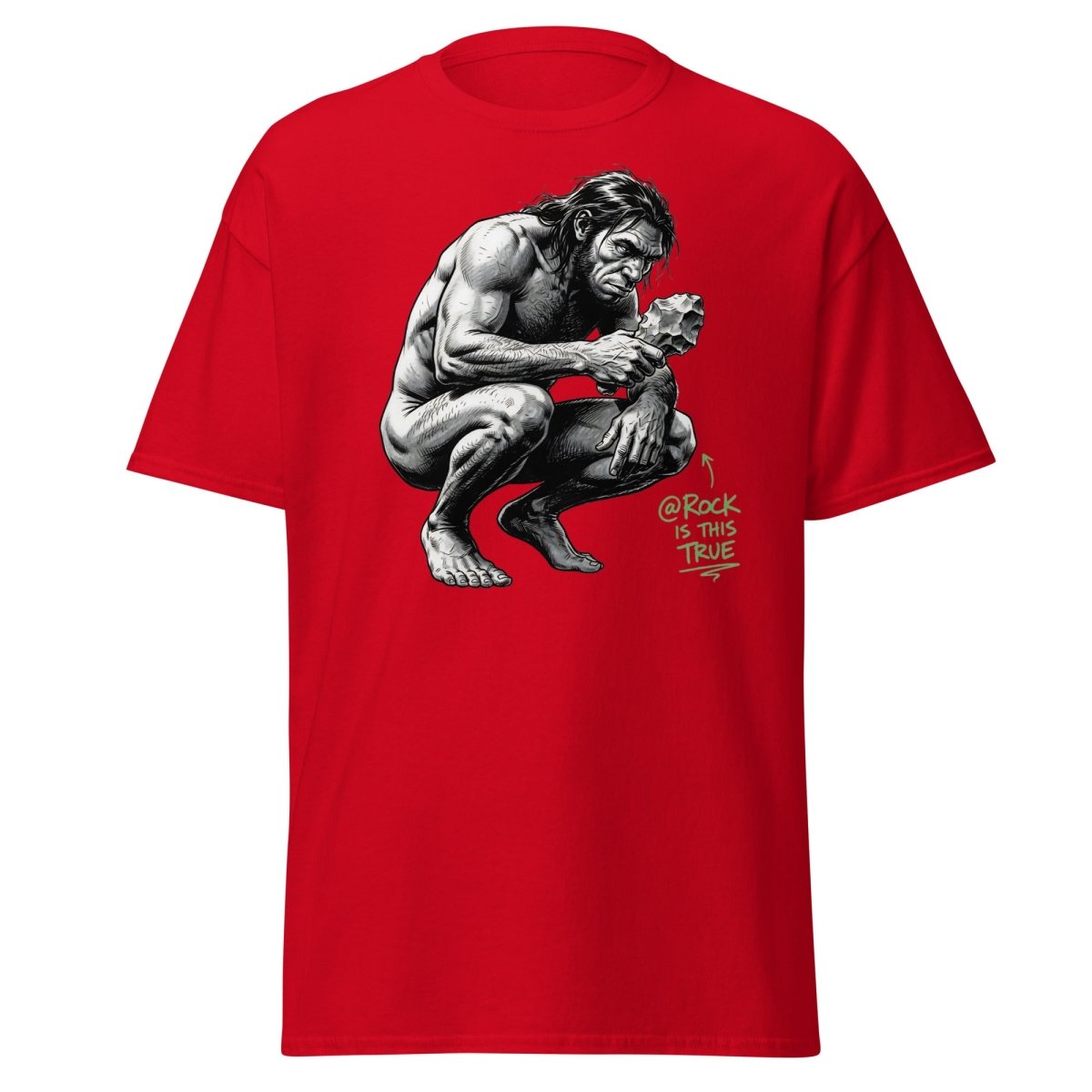 Caveman "@Rock Is This True" Funny Meme T-Shirt - Red - TeeRipple