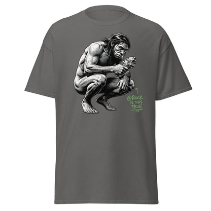 Caveman "@Rock Is This True" Funny Meme T-Shirt - Charcoal - TeeRipple