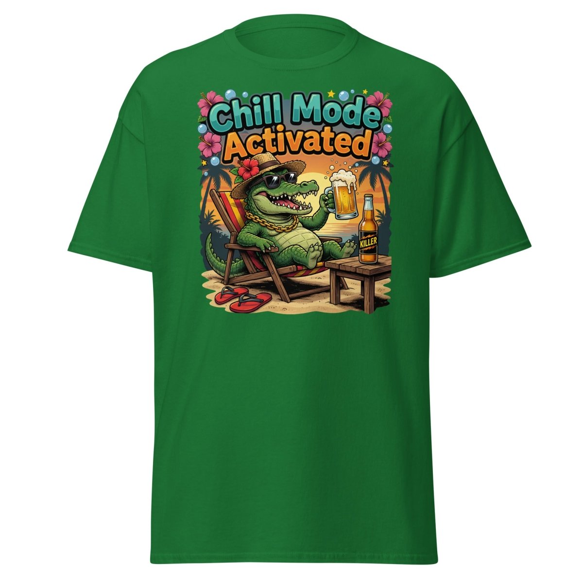 Chill Mode Activated Alligator T-Shirt Funny Beach Beer Tee - Turf Green - TeeRipple