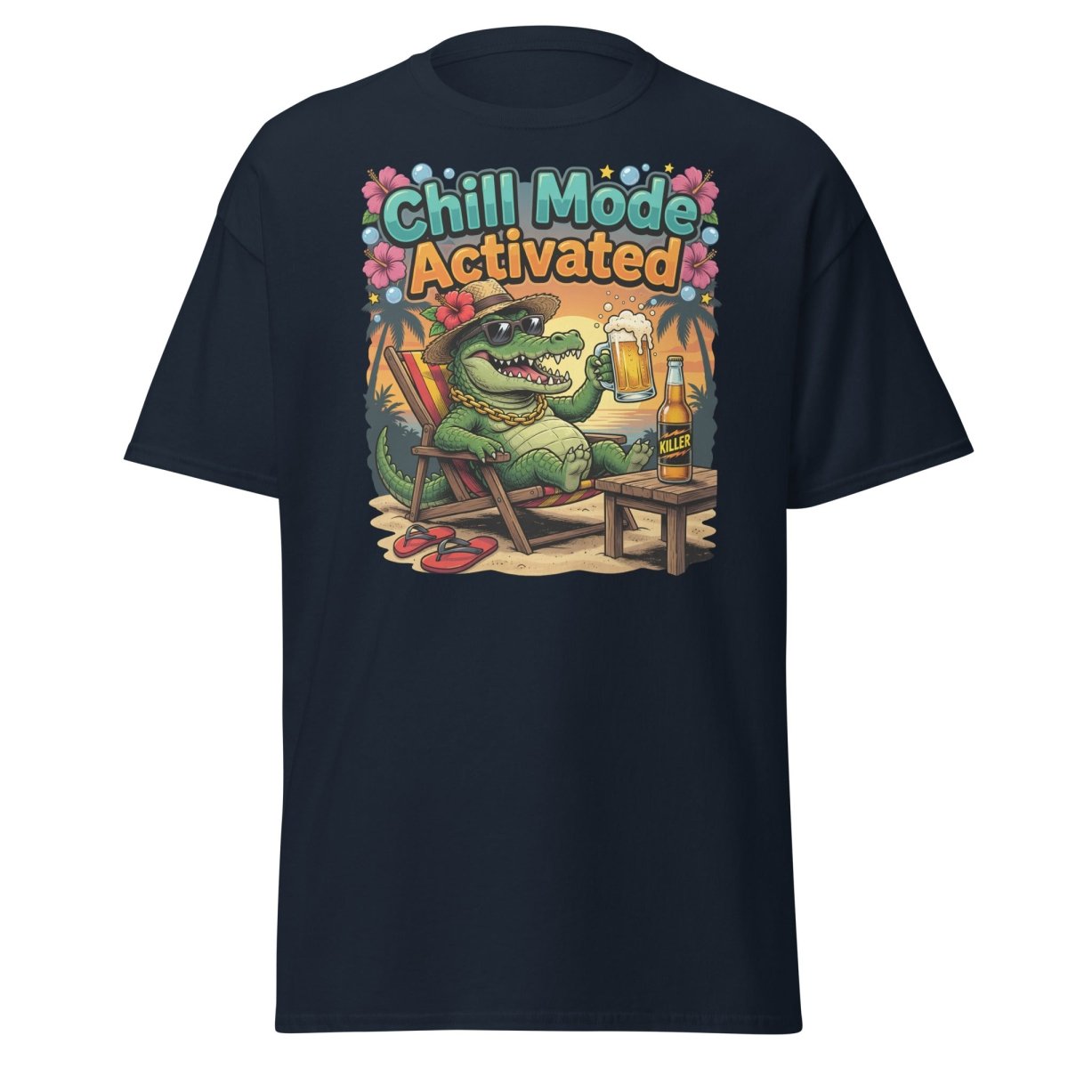 Chill Mode Activated Alligator T-Shirt Funny Beach Beer Tee - Navy - TeeRipple