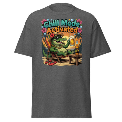Chill Mode Activated Alligator T-Shirt Funny Beach Beer Tee - Dark Heather - TeeRipple
