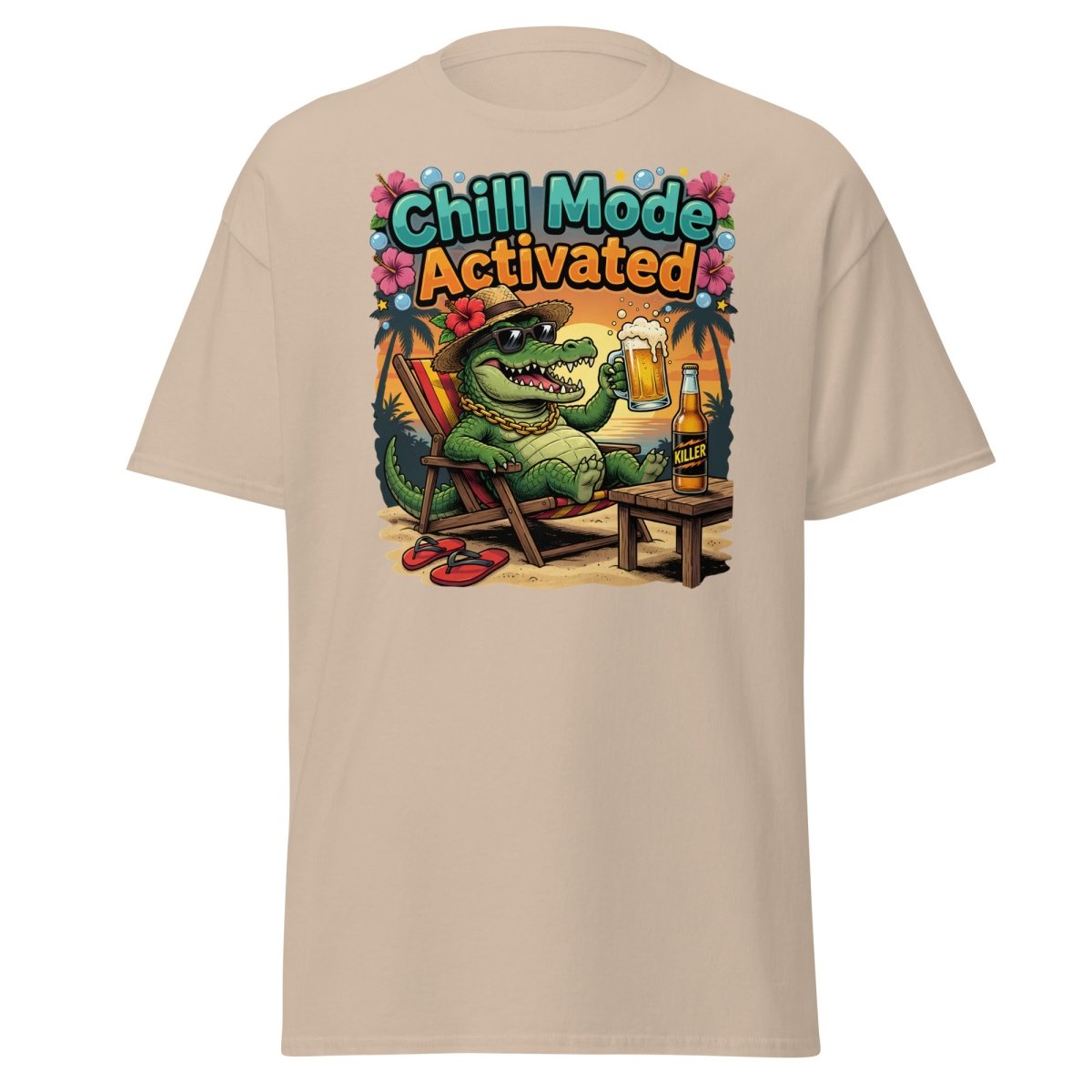 Chill Mode Activated Alligator T-Shirt Funny Beach Beer Tee - Sand - TeeRipple