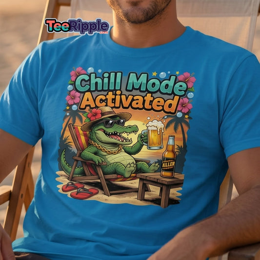 Chill Mode Activated Alligator T-Shirt Funny Beach Beer Tee - Maroon - TeeRipple