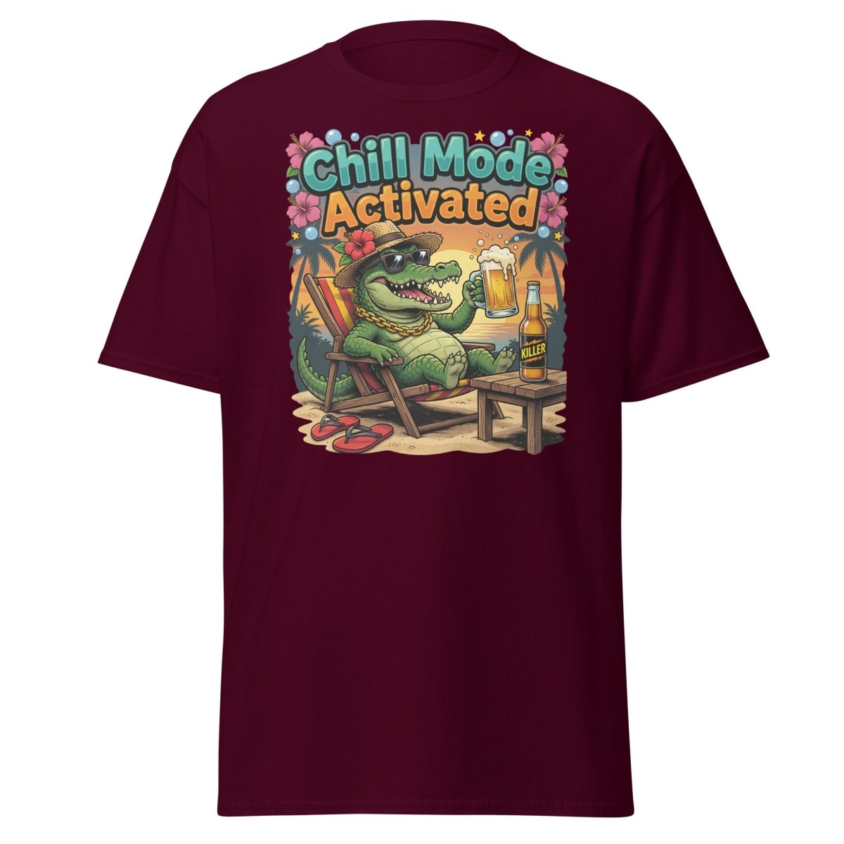 Chill Mode Activated Alligator T-Shirt Funny Beach Beer Tee - Maroon - TeeRipple