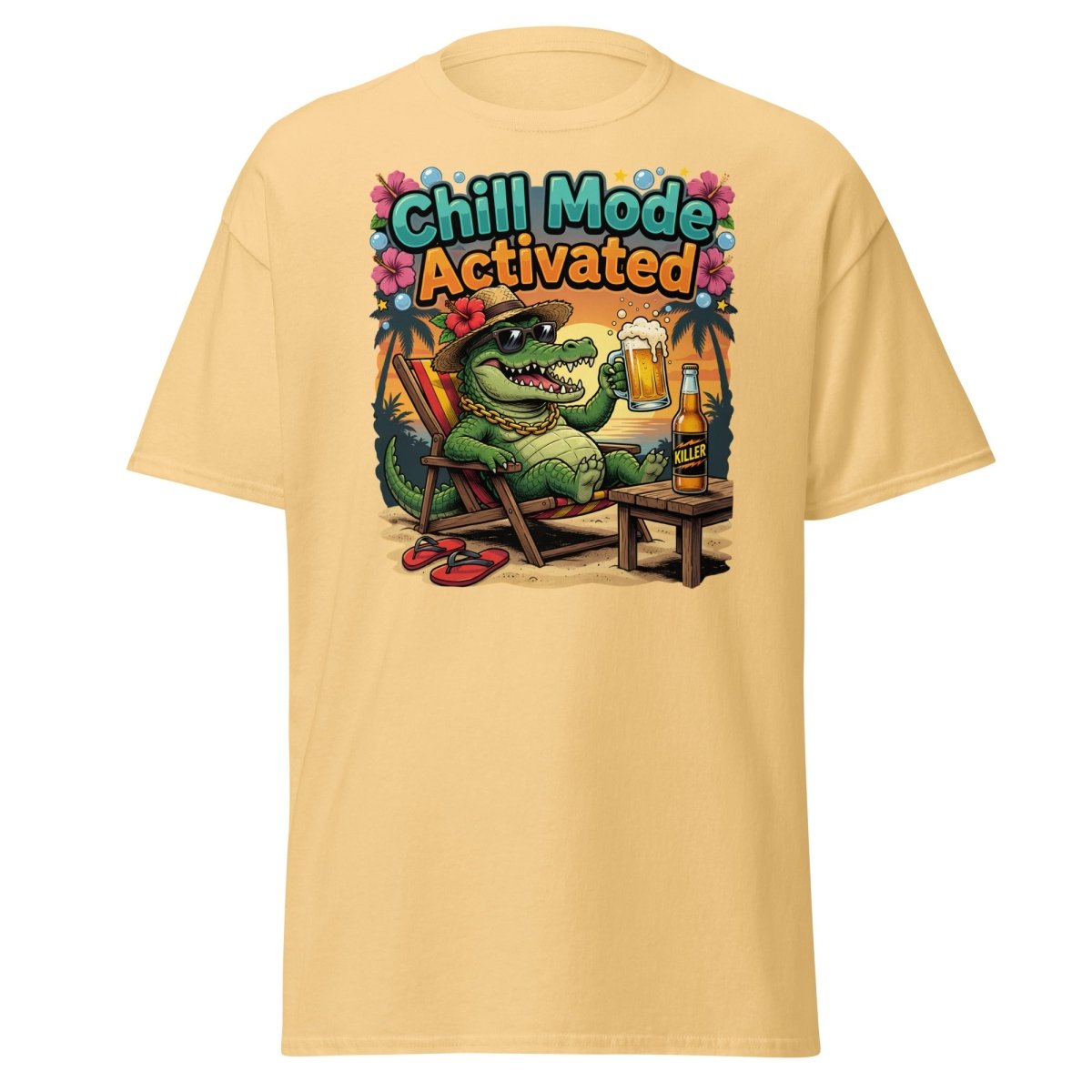 Chill Mode Activated Alligator T-Shirt Funny Beach Beer Tee - Yellow Haze - TeeRipple