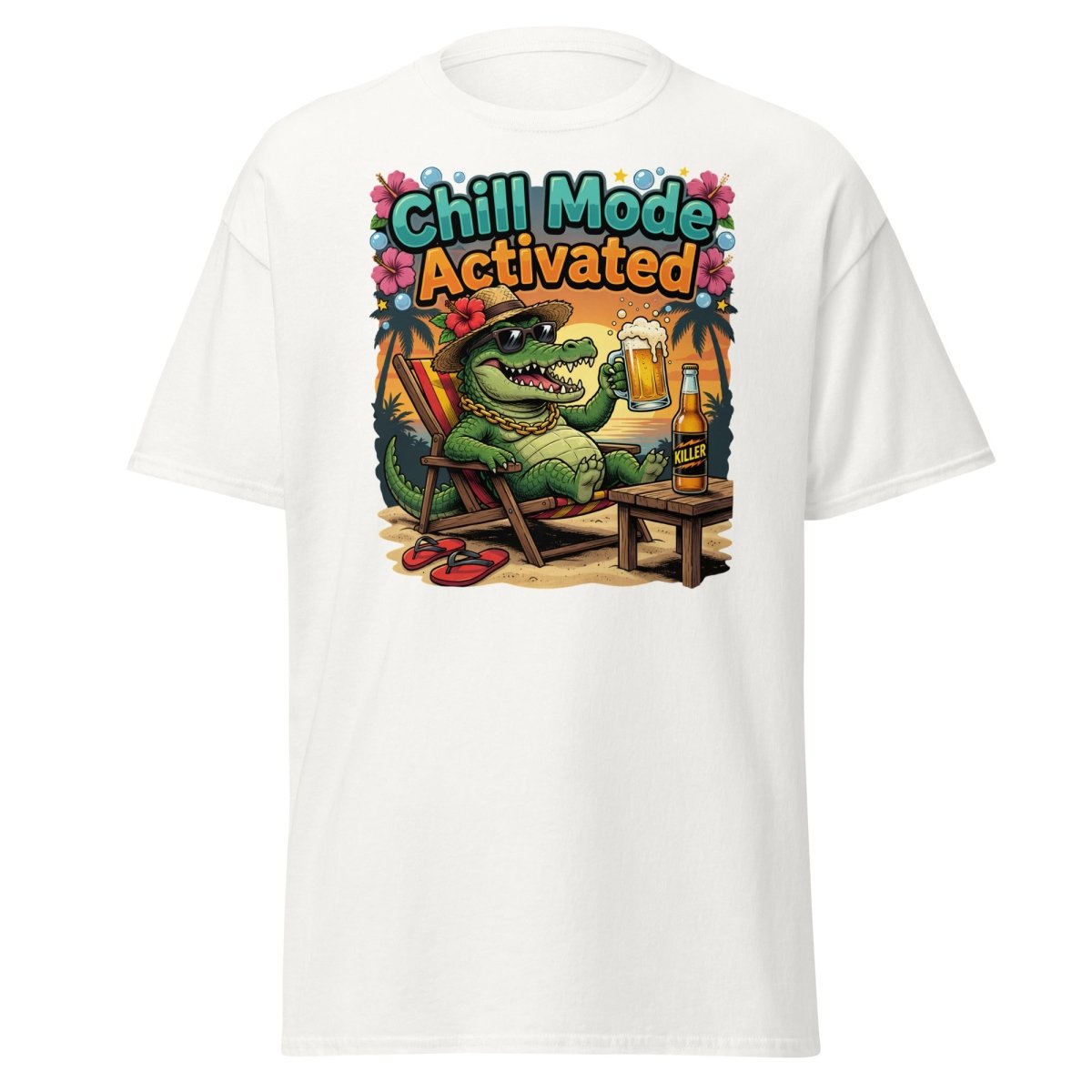Chill Mode Activated Alligator T-Shirt Funny Beach Beer Tee - White - TeeRipple