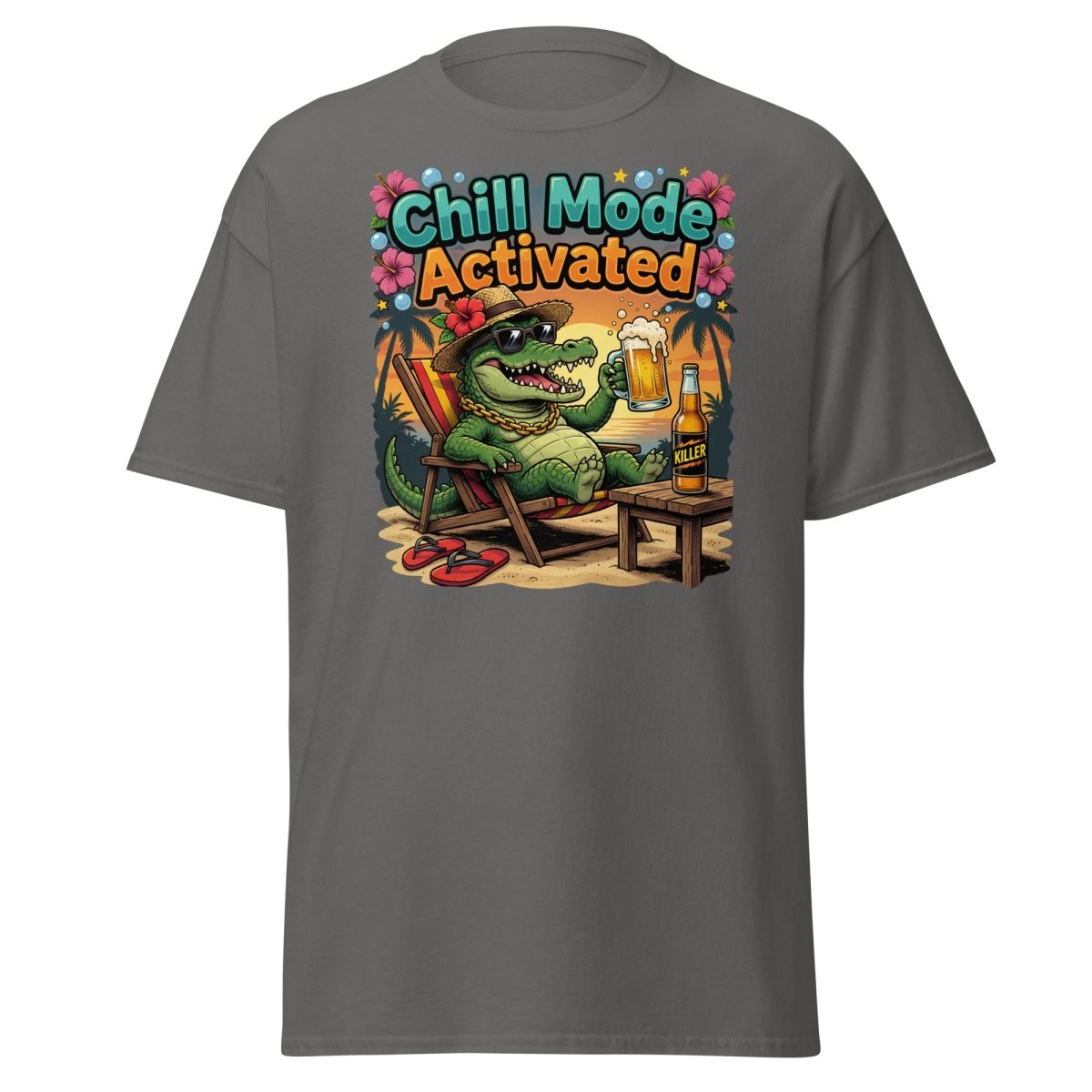 Chill Mode Activated Alligator T-Shirt Funny Beach Beer Tee - Charcoal - TeeRipple