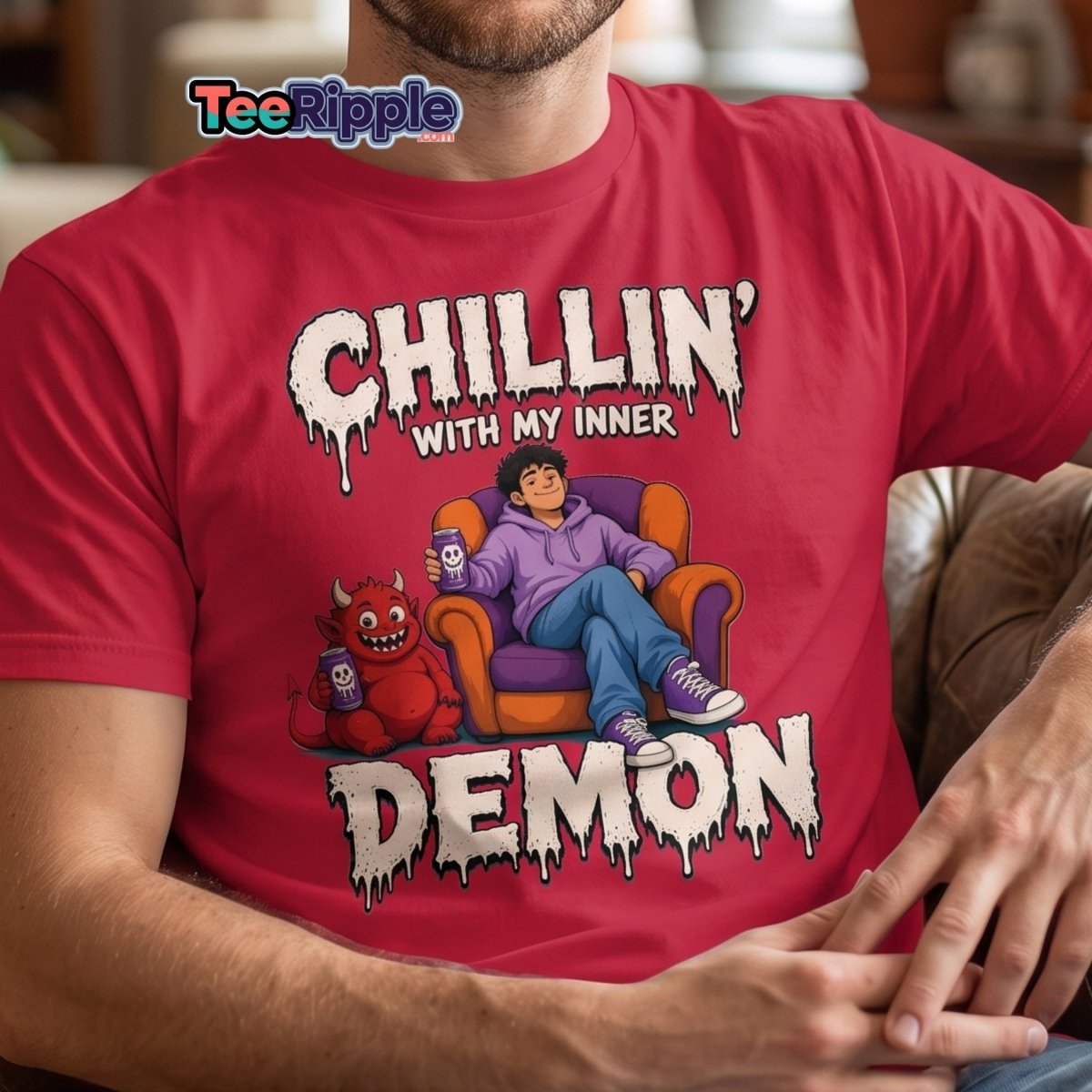 Chillin' With My Inner Demon Funny Graphic T-Shirt - Maroon - TeeRipple