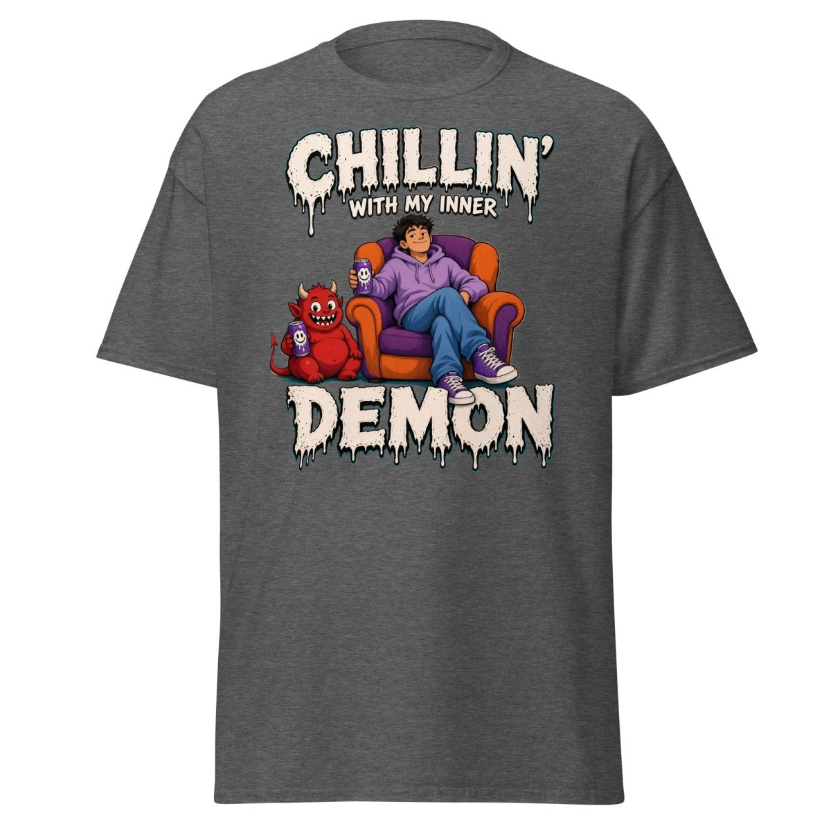 Chillin' With My Inner Demon Funny Graphic T-Shirt - Dark Heather - TeeRipple
