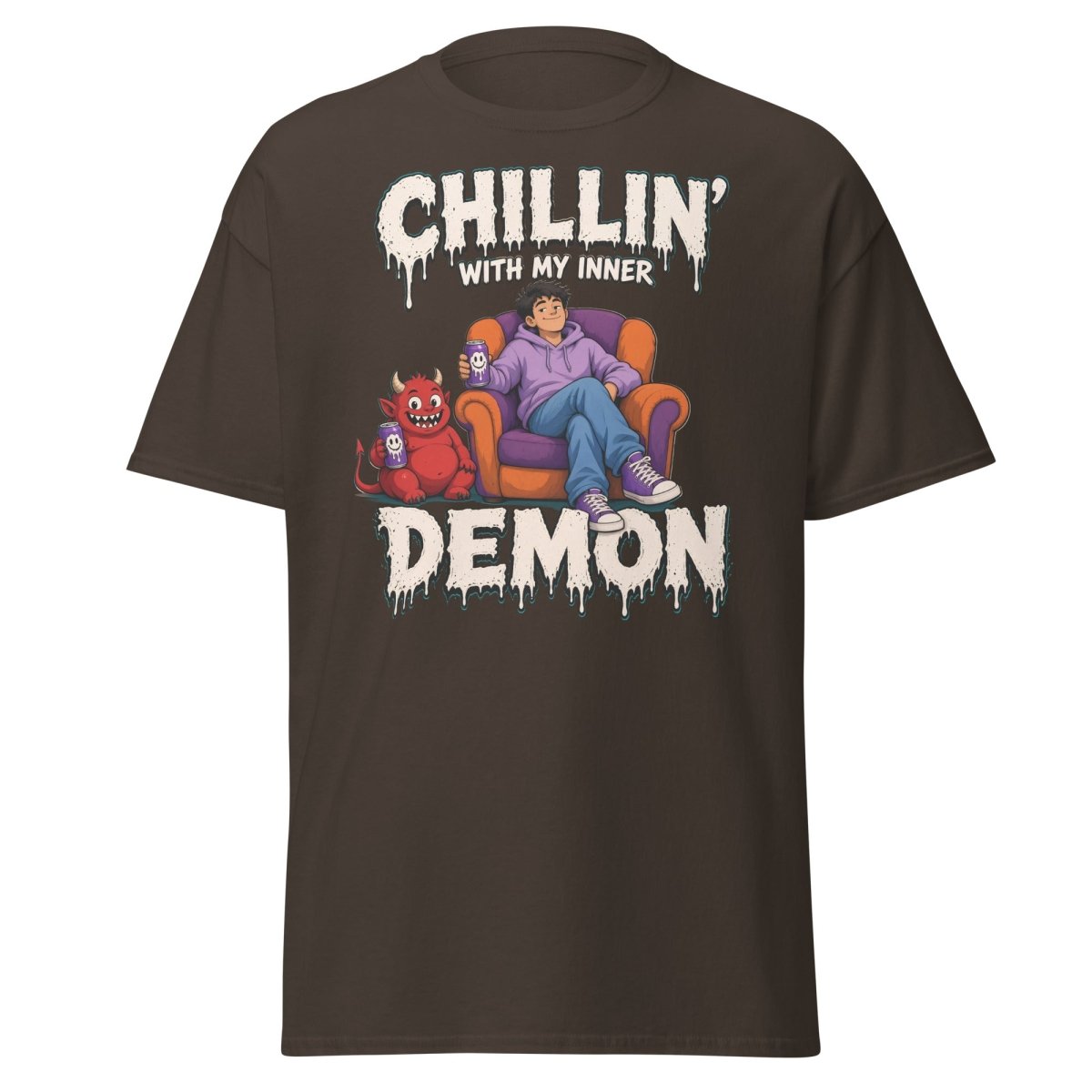 Chillin' With My Inner Demon Funny Graphic T-Shirt - Dark Chocolate - TeeRipple