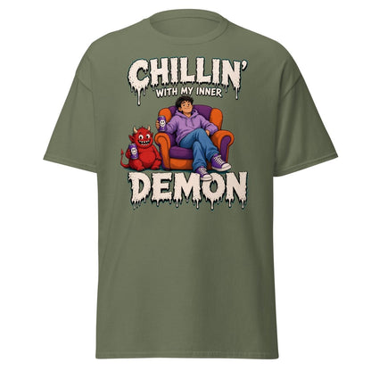 Chillin' With My Inner Demon Funny Graphic T-Shirt - Military Green - TeeRipple