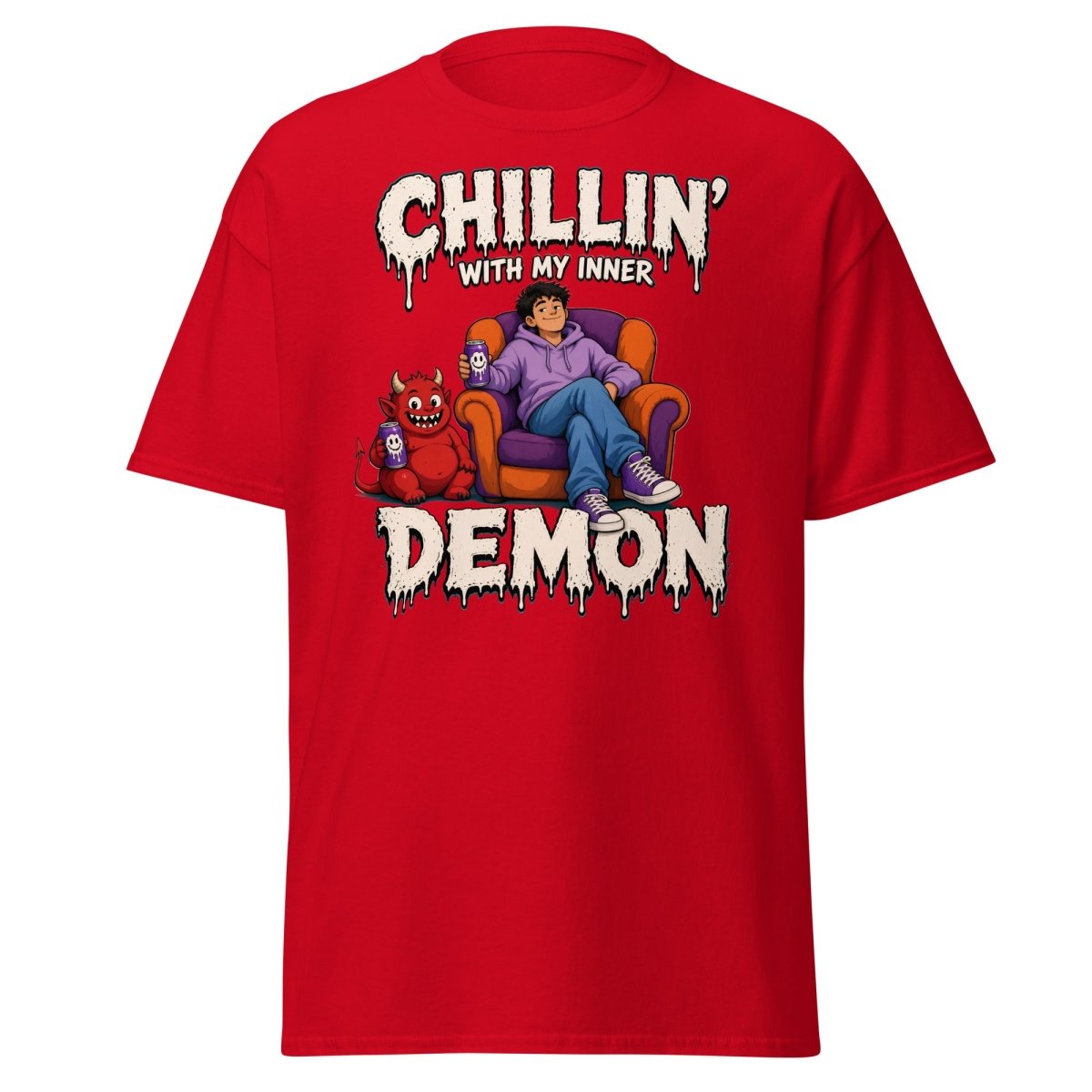 Chillin' With My Inner Demon Funny Graphic T-Shirt - Red - TeeRipple